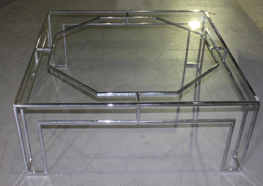 Milo Baughman Chrome & Glass Table: for Thayer-Coggin, polished chrome base with glass inset top coffee table, unsigned, cubist square frame, 38.5" x 38.5", very good condition, c. 1965.