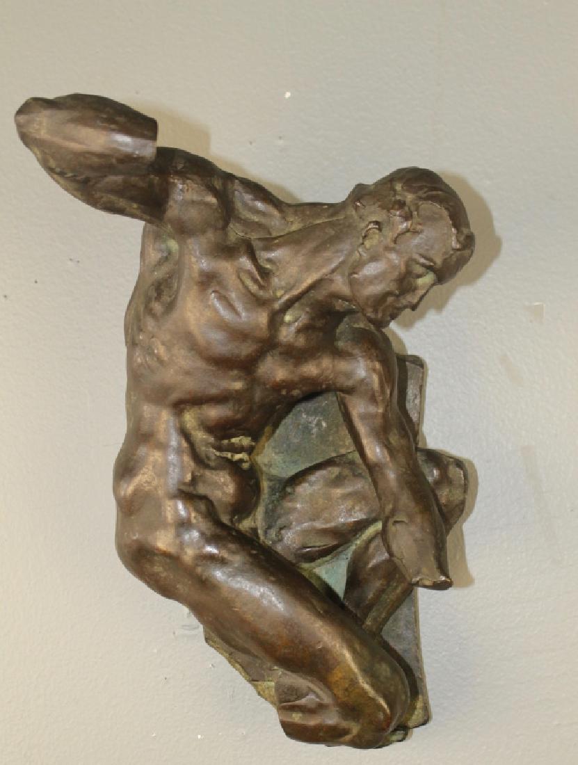 Charles Allen Grafly, 1862-1929, Bronze: presentation wall hanging of posing nude male, curiously missing hands and feet, reading "To my Friend Carlsen... Grafly". Great original patina, 10.5" x 8" x 4".