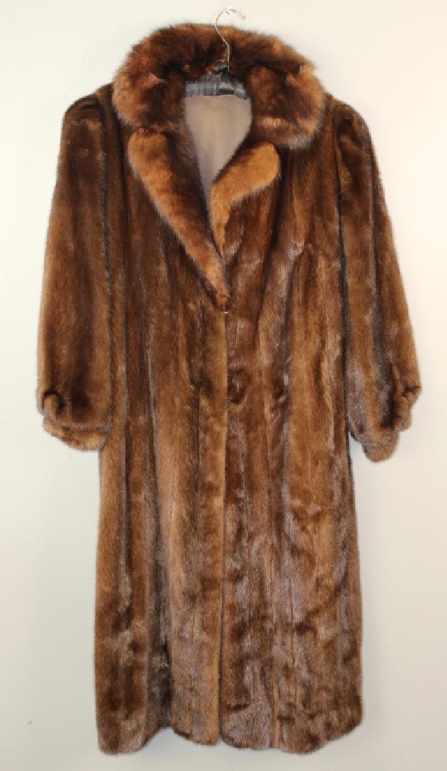Full Length Mink Coat: full collar, brown satin lining in great condition, medium size, 25" sleeves, overall length from collar 52".