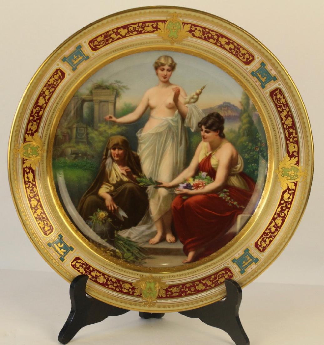 German Scenic Portrait Plate: depicting the "Three Fates", Lachmesis, Atropos, and Las Mesis, 14", blue beehive mark under glaze and artist signed "Knoillez" (a KPM artist), this plate has heavy gold decoration, medallions and pan