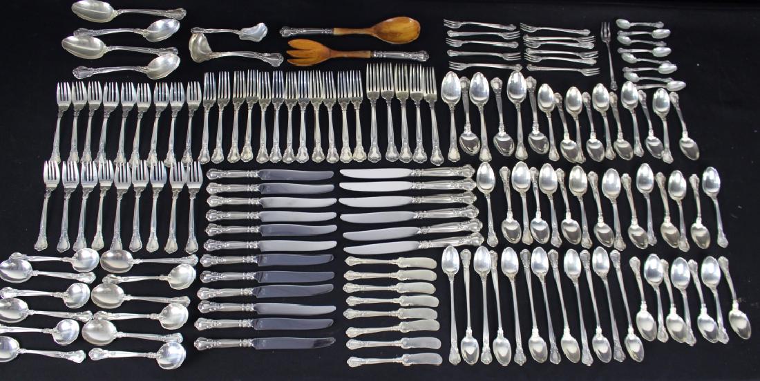 Gorham Chantilly Sterling Flatware: 5-DF, 12-LF, 6-DK, 12-LK, 8-BK, 18-SF, 12-SS, 6 large spoons, 12-ITS, 32-TS, 4 large serving spoons, 1 nut scoop, 1 gravy ladle, 2 salad serving pcs, 11 cocktail forks, 8 demitasse, 1 pickle fork, som