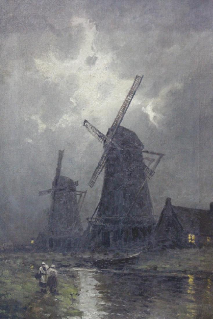 Arthur V. Diehl, 1870-1929, Oil on Canvas: Dutch landscape featuring two windmills near stream with looming dark clouds at dusk, signed lower right, new very compatible frame, 20.5" x 27.5", image 12" x 18", good condition.
