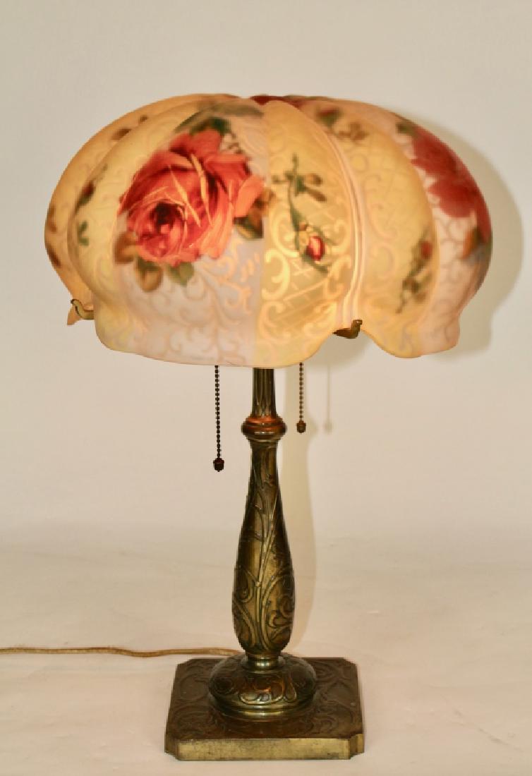 Pairpoint Table Lamp: frosted glass lamp shade with red rose design on a ribbed "Venice" shade, base is signed "The Pairpoint Corporation", shade signed interior edge, all original, c. 1920, 21" tall with 12.5" diameter sh