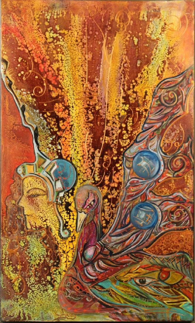 Ivaldo Robles, b. 1980, Acrylic Enamels on Canvas: Mexican-American, Central Florida artist, abstract bird of fire with profile of woman's head, museum wrapped 44" x 26.5" frame, extraordinary use of very bright and bold colors, entitled "Almu de Cisn