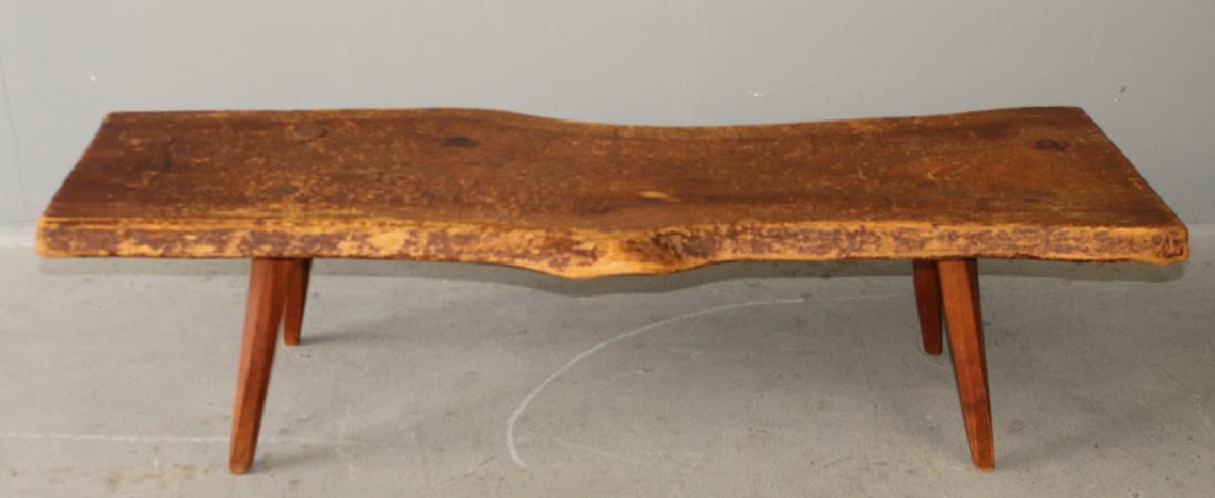 Mid-Century Bench in the style of Nakashima: single slab board, splined through posts, hexagon tapered legs, 60" x 19" x 16.5" high, distressed, used condition giving this piece character, not issues.