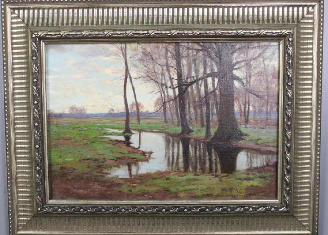 William Merritt Post, 1856-1935, Oil n Canvas: winter landscape scene, signed lower right, frame overall size 27.5" x 21", tiny touch up en verso, a fine painting by this renowned artist. Note: There is a reflection on the painting. It is perfectl