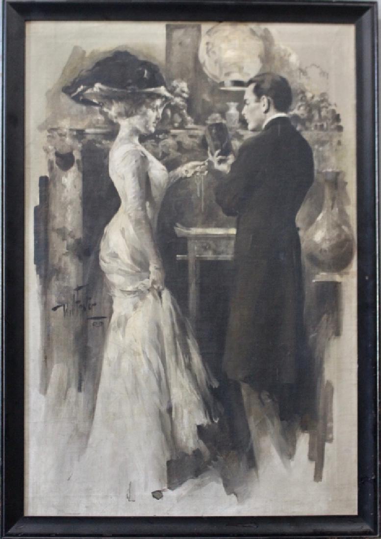 William Frederick Foster, 1883-1953, Oil on Canvas: black and white magazine illustration for Cosmopolitan c. late teens, framed 25" x 36". 3 small hole patches.