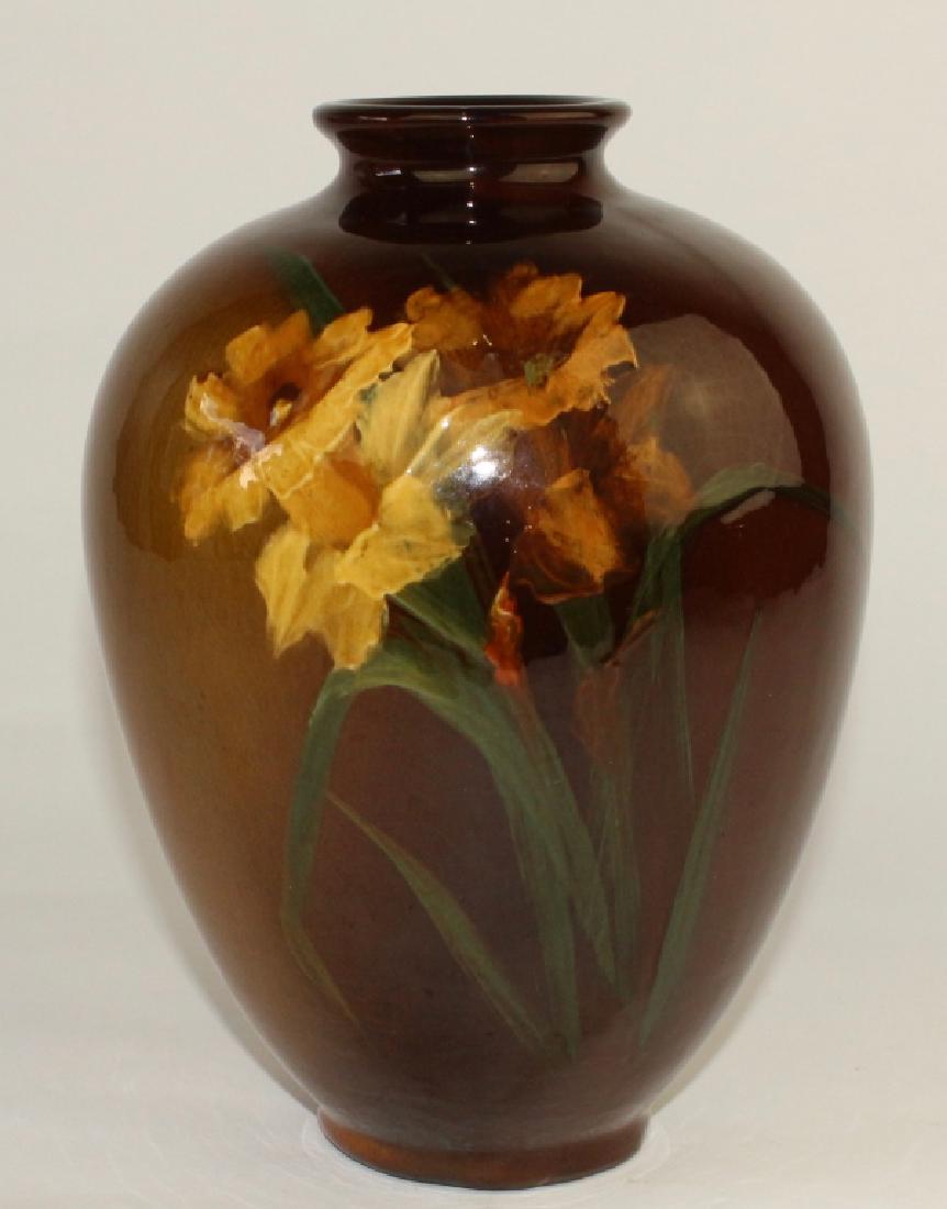 Roseville Rozanne Standard Glaze Vase: c. 1900, slip decorated with yellow jonquils, impressed Rozanne and RPCo., fine condition, no apparent artist's signature, 9" and bulbous.