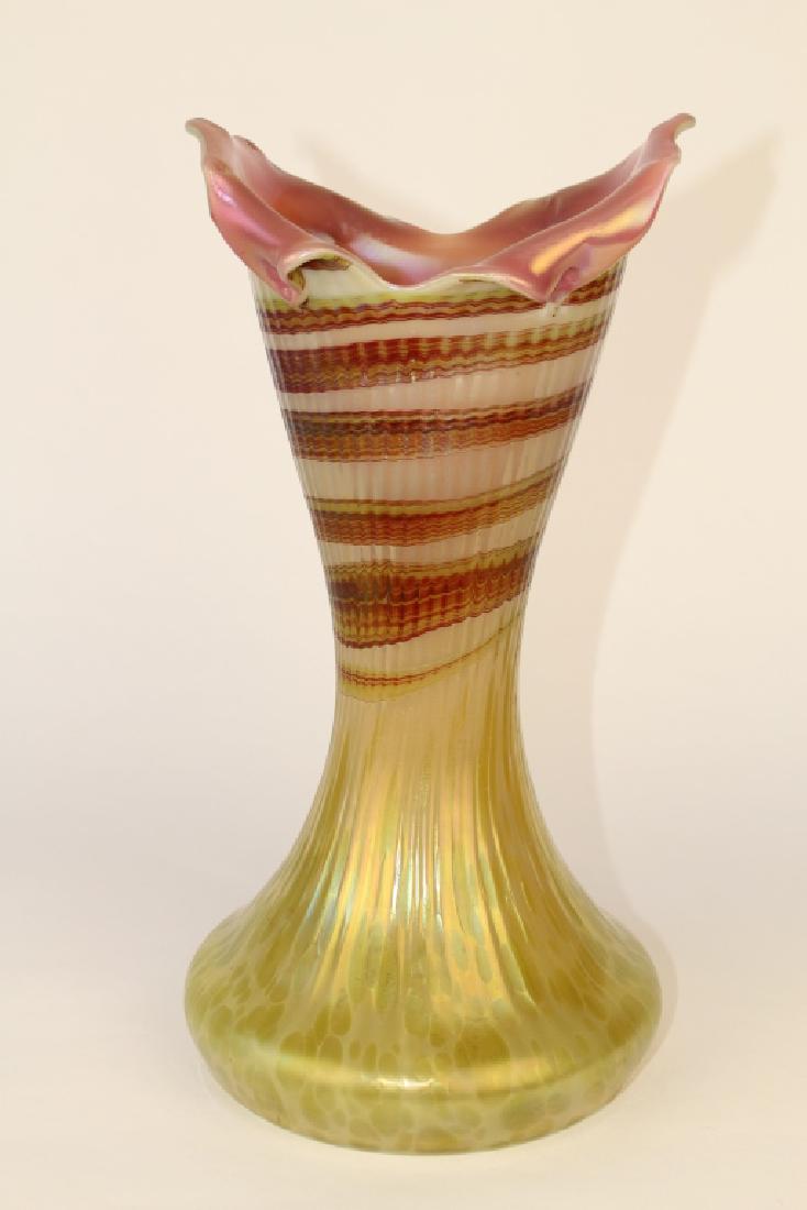 Pallme-Koenig Art Glass Vase: c. 1915-20, large 13" x 6.5" diameter, yellow oil spot vase with encircling ribbon near flared top, unsigned, mint condition.