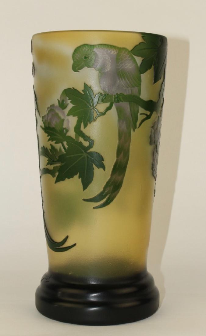 Contemporary Galle' Cameo Cut Vase: 12" x 6" diameter, with two parrots on limbs floral, at least 3 colors, predominant green, good condition, signed.