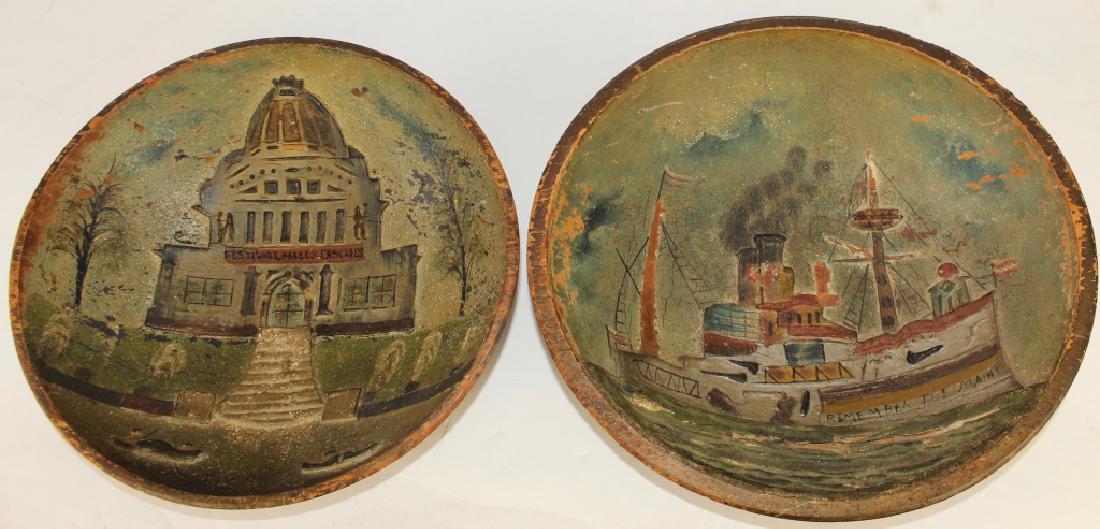 Two Folk Art Wooden Bowls: one depicting the festival Hall and Cascades at the 1904 St. Louis World's Fair and the other of the battleship "Remember the Maine", raised relief gesso and polychrome highlights, loss of gesso on on