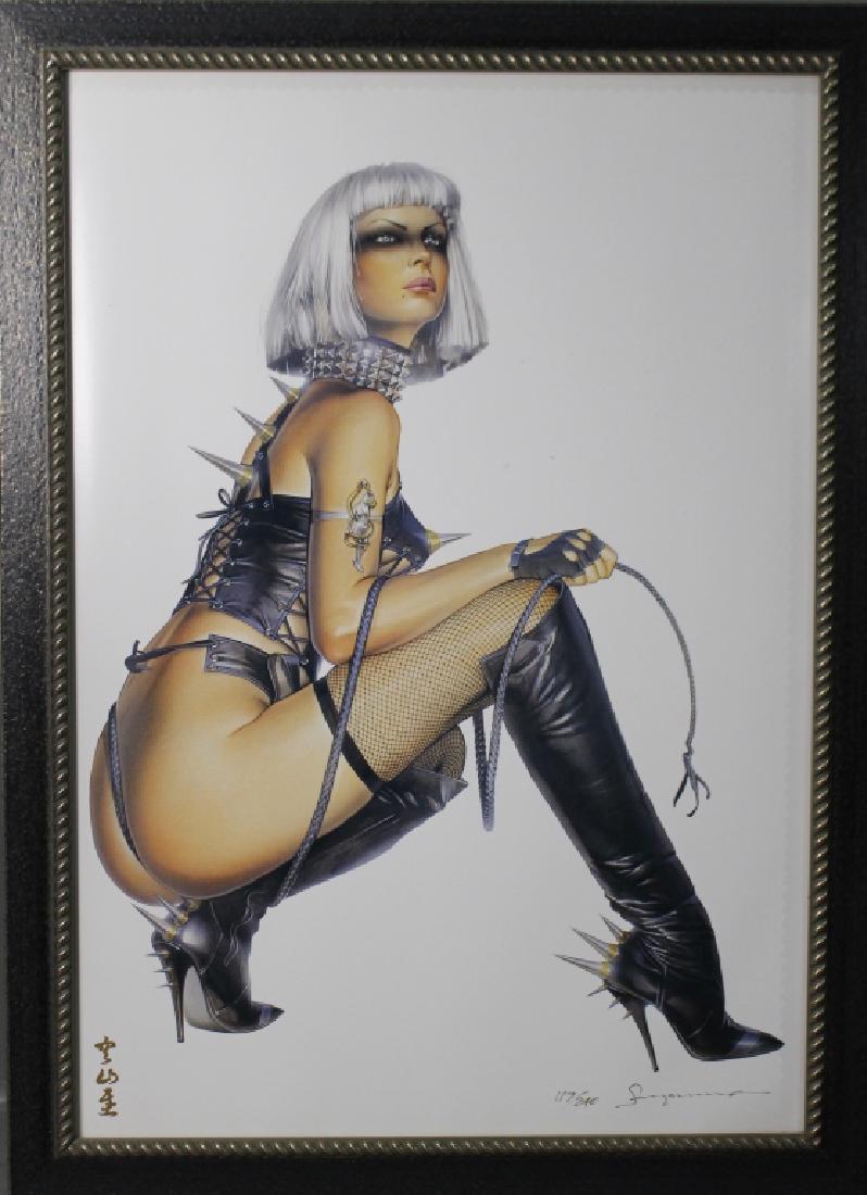 Hajime Sorayama, Limited Edition 117/240: b. 1947, erotic pin up, dominatrix with spiked leather outfit, silver felt top lower right, large size, professionally framed acid free backing, 43" x 31.5" excellent condition.