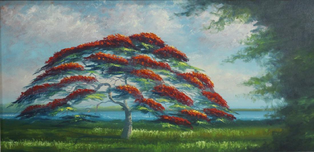 Livingston Roberts, Florida Highwaymen: oil on upson board, very early example of this groups' out put featuring a red Poinciana tree, crown molding frame, 51.25" x 27"overall, image 48" x 24", provenance en verso by James Gibson, 10/5/02, 