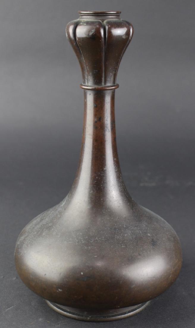 Chinese Archaic Style Garlic Head Bronze Vase: possible Han period, 10" x 6" bottle form with neck ring, footed vase, "garlic head" top, good natural patina.