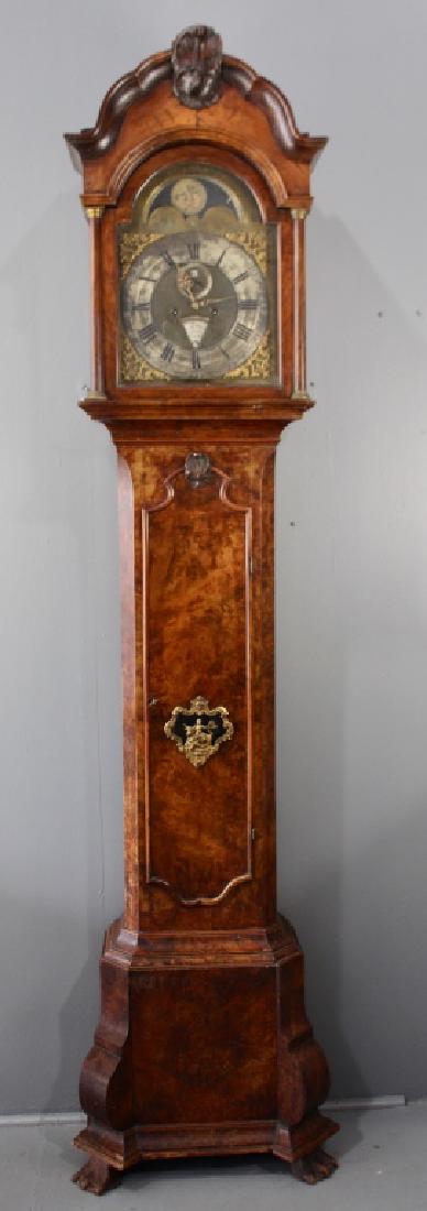 Dutch 18th Century Tall Case Clock: bonnet top, moon phase dial, second hand, days of the week with zodiac signs, open date indicator, two bells, hour and half hour chimes, "G. Willem Fischer, Amsterdam", burled veneer case, professiona