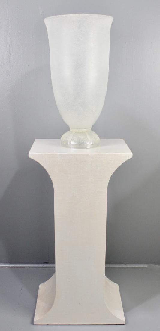 Karl Springer Corroso Glass Vase & Pedestal: an enormous vase Murano, Italy, c. 1970, signed, with pedestal. Consignor states both pieces are from the Luther Vandross estate. Vase 25" x 14", pedestal is wooden with textured coating, 38.5" x 20"