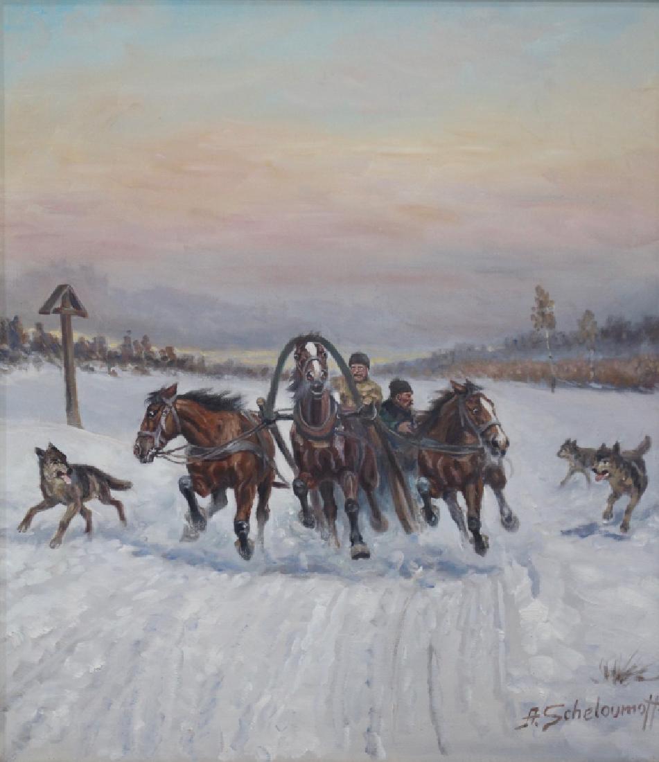 Afanasij Ivanovic Scheloumoff, Oil on Canvas: Russian, 1892-1983, wolves attacking terrified men in horse drawn sleigh, snow and pink skies, image 28" x 32", frame 32.5" x 36.5", signed lower right, Russian black ink stamp on back canvas, good co