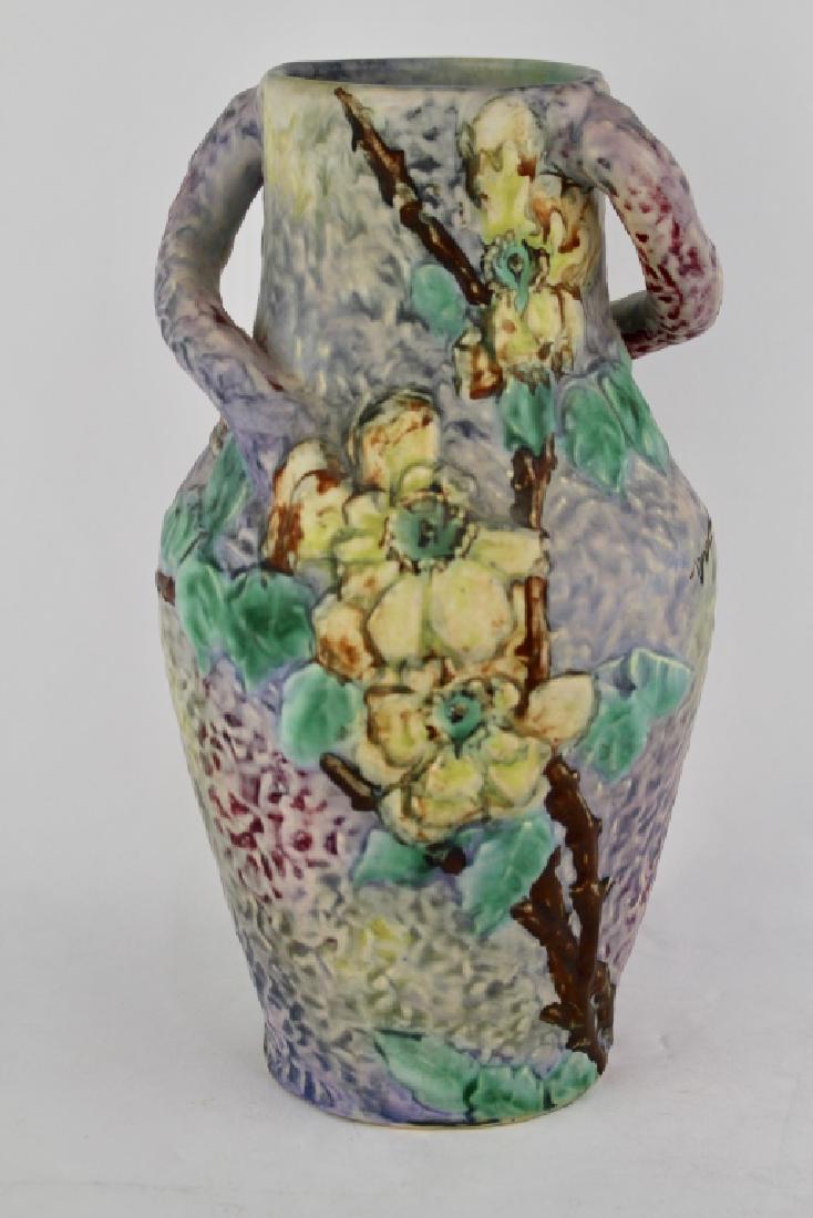 Weller Pottery Silvertone 11.5" Vase: raised white roses, thorny stems, good condition, half-kiln ink stamp, c. 1925.