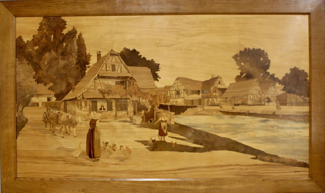 Paul Louis Spindler, Marquetry Inlaid Panel: 1907-1980, large village scene of Hoerdt, France, 61.5" x 41.5" signed lower right, paper label signature on back, excellent condition.