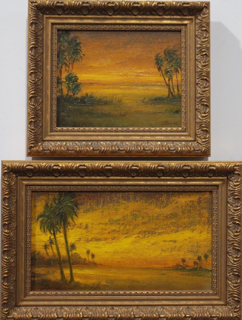 2 Florida Oil on Canvas' by Thomas Wagner: lagoon inlets with palm trees, striking fiery orange skies on both, early 21st century, one 18" x 12", the other 14" x 12" in matching frames, both artist signed Wagner, also signed on back, good cond