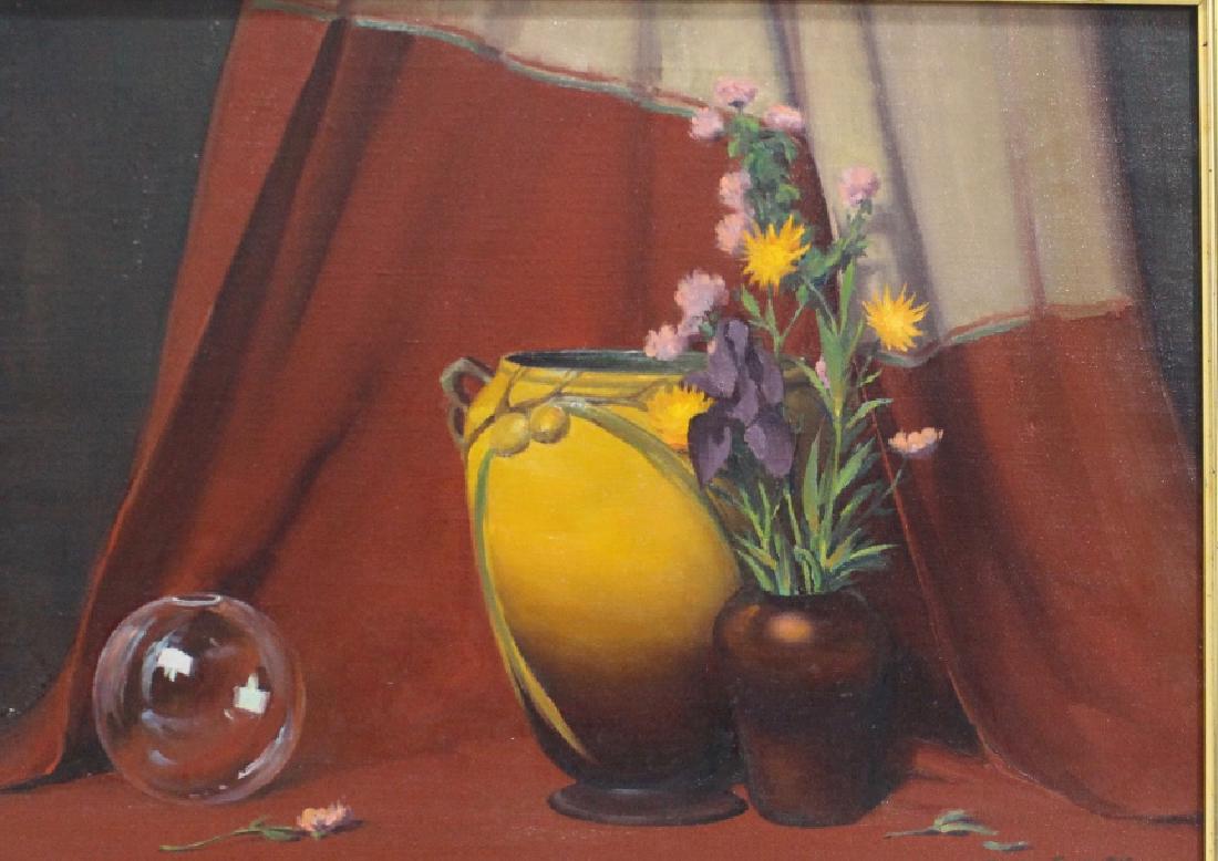 Clyde (Victor Clyde) Forsythe, Oil on Canvas: 1885-1962, still life featuring a Roseville brown Pine Cone vase, c. 1948, image 24" x 18", frame 28" x 22", very good condition.