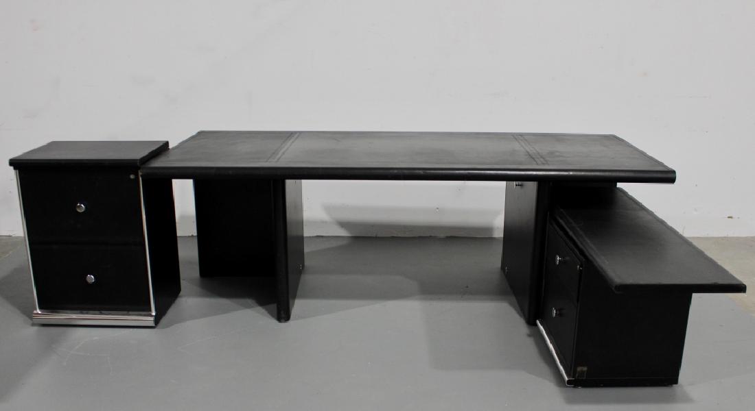 Pace Collection Executive Desk: by Italian designer Mariani for Pace. Mid-century modern, c. 1974, wood with black laminated surfaces, tooled leather top 86.5" x 39" deep x 29.5" high, file cabinet 22" x 18", small cabinet 22" x 16.