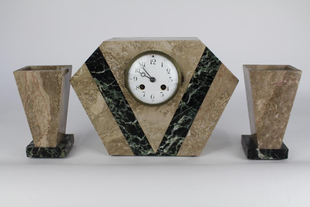 French Art Deco Marble Clock Set: 3 pieces, works marked "D.H. Mour France" and "JUST" in oval, light brown case with black trim, 9" x 13" x 4", garniture vases 7.5", works well.