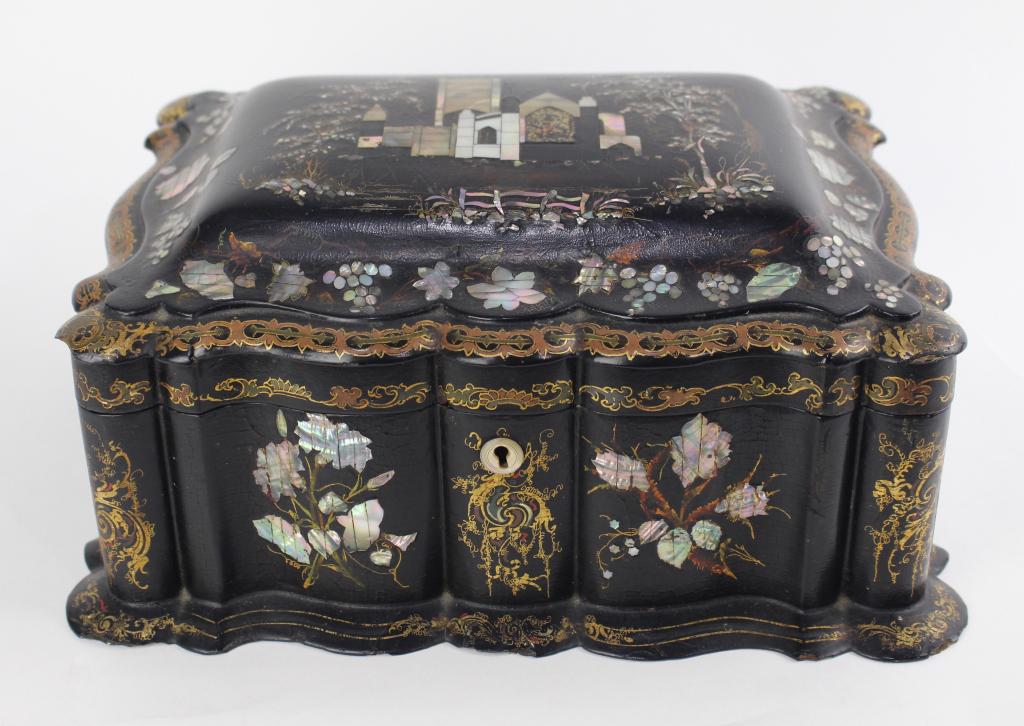 Paper Mache Decorated Sewing Box: c. 1820-30, marvelous abalone scenic inlay with hand painted gold and polychrome accents to edges and corners, orginal lift out tray, very minor corner damage, a rare find, 7" x 13" x 10".