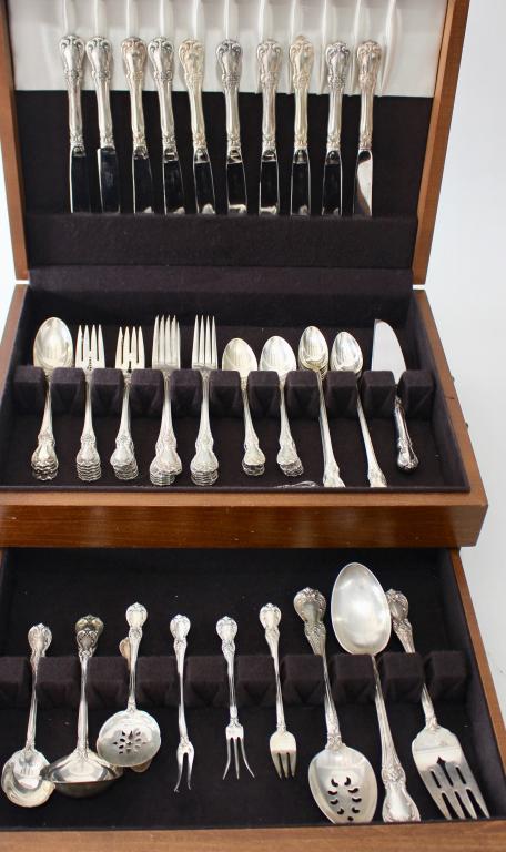 Towle Old Master Sterling Flatware: almost service for 12; 12-7"F, 12-SF, 10-K, 11-ITS, 9-TS, 3 cocktail forks, 2 demitasse spoons, 4 SS, 1 larger serving spoon, 1 large slotted serving spoon, 1 pickle fork, 1 olive fork, 1 small slotte