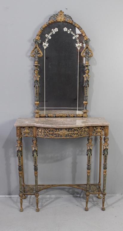 Art Deco Wrought Iron Console Set: c. 1920-25, ornate wrought iron marble top table, polychrome and gilding decoration with figural ladies on legs and mirror frame, pierced apron, yoke shaped brown marble, arched mirror 21.5" x 37", ta
