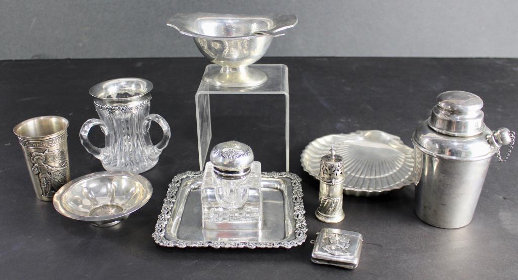 Estate Sterling Silver Group: Frank Smith Arts & Crafts hammered sauce dish and ladle, Theodore Starr (NY), crystal inkwell with under plate, Reed & Barton Cocktail shaker, Gorham scallop shell dish, .800 silver German toasting cu