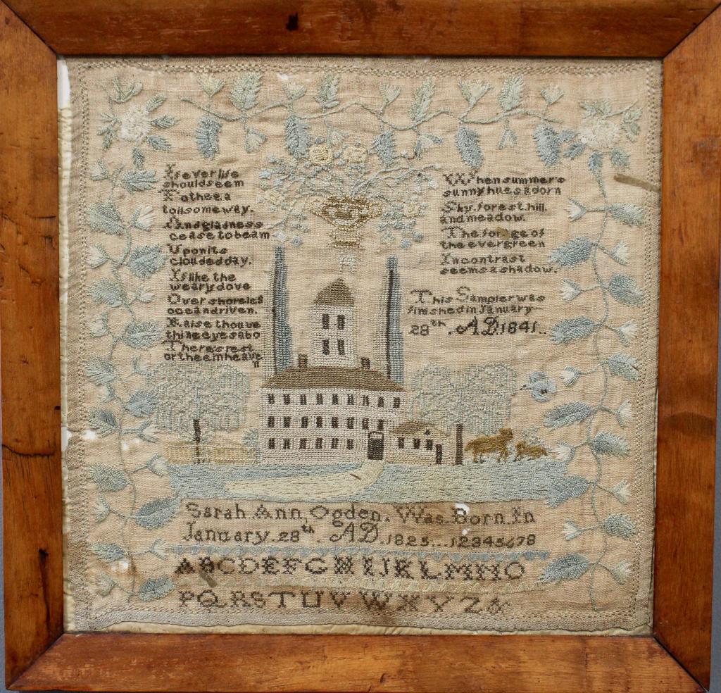 American Cross-Stitch Sampler: by Sara Ann Ogden, b. Jan. 28, 1825, sampler finished Jan. 28, 1841, contains a prayer, poem, numbers and alphabet in capitals, Federal style 2 story house, willows and animals, in early frame 20.5" x