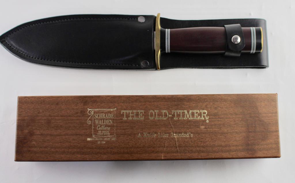 Deleon Dagger & Schrade Hunting Knife: this lot includes 2 knives. Deleon dagger, signed on blade, black leather sheath, 12.25" long, also marked on "A" on blade. Also, Schrade-Walden, NY, USA, "Old Timer" hunting knife in original box, se