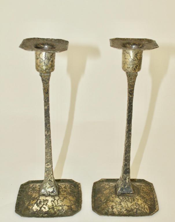 Pair Roycroft Candle Sticks: in the modern Sheffield finish, nickel wash over copper, 8.5" tall, impressed mark on bottom, good condition and untouched patina.