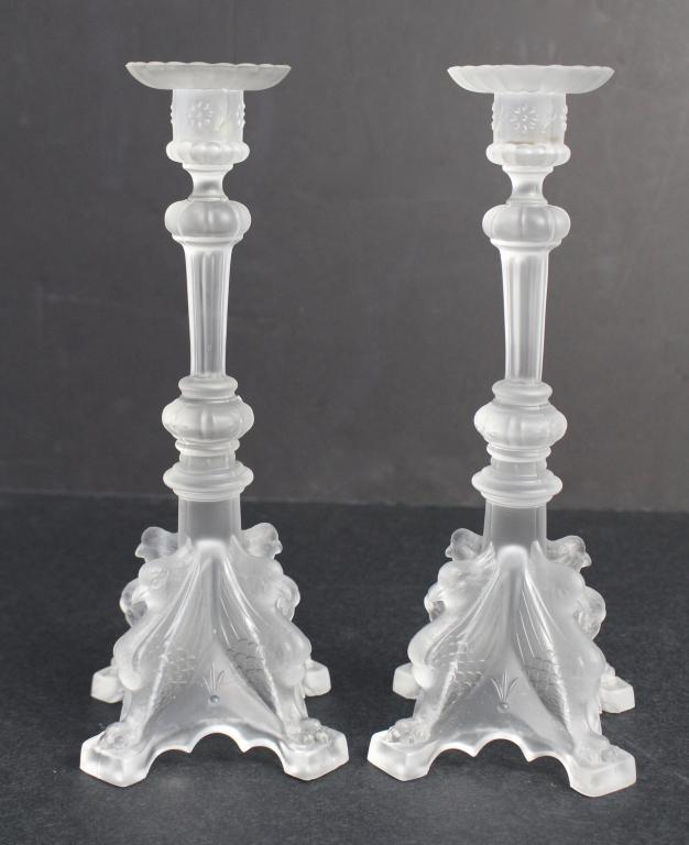 Pair Val St. Lambert Candle Sticks: frosted glass, four footed base with winged griffins, 10.75" x 4.75" at base, good condition, signed in script on foot.