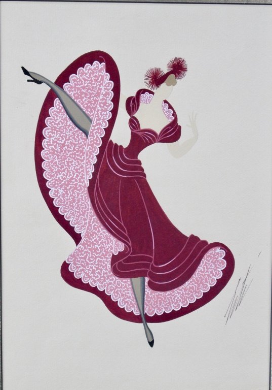 Original Erte Gouache Fashion Illustration "Can-Can": Erte, Russian, 1892-1990, rare, one of a kind gouache and watercolor on BFK Rives paper embossed, signed lower right in India ink, estate stamp en verso from Sevenarts Ltd. London, entitled "Cancan" n