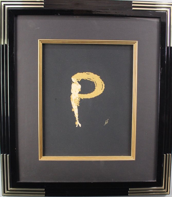 Erte, Black Silk Scarf in Frame "P": Erte, Russian, 1892-1990, The alphabet series "P", beautiful black silk with Art Deco nude, long flowing hair forming the letter, signed lower right, in a custom black and gold frame, 22" x 23.5", ima
