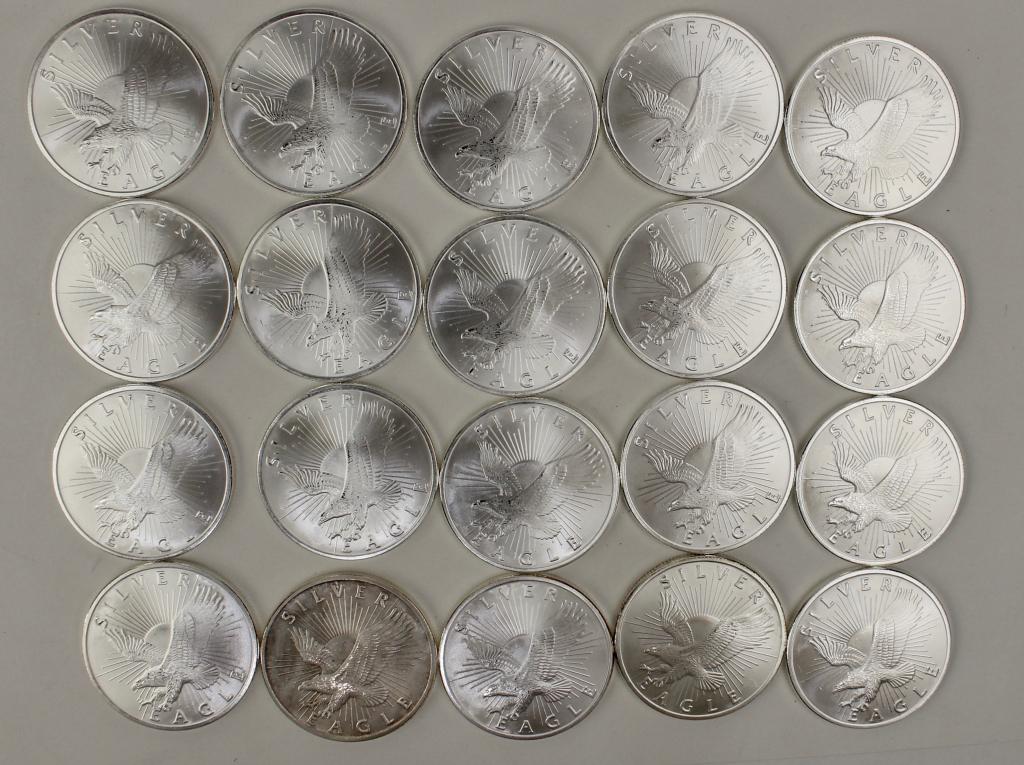 Twenty Silver Eagle 1-Ounce Coins: .999 fine silver, Sunshine Minting Flying Eagle, most appear to be mint proof, not graded.