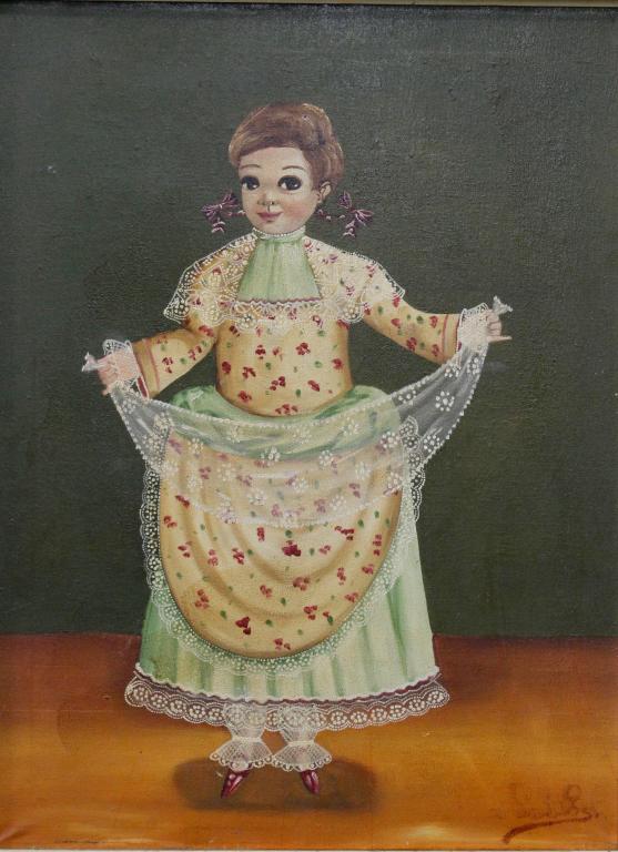 Agapito Labias, 1898-1996, O/C: folk art portrait of a young girl in period clothing, by famous Mexican artist, signed lower right, sight image 24" x 18", frame 22" x 28", good condition.