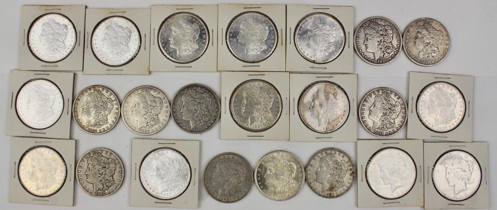 Group of 23 US Silver Dollars: to include; 21 Peace and 2 Liberty. None graded, but most good condition. Dates from 1878-1923. (5-1878).