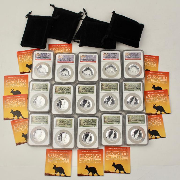 16 Australian Kangaroo 1 oz Silver Coins: to include; 5-2011 silver proof high relief coins NGC slabs, and 10-2012 Australian Kangaroo 1 oz. silver proof high relief coins, 5 with black bags, NGC graded in slabs, 12 with COAs.