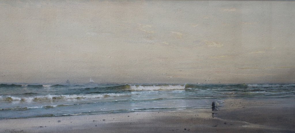 Samuel Peter Rolt Triscott, 1846-1925, W/C: Maine/Massachusetts, large watercolor of coastal landscape view from the shore, sailing ships in distance, signed lower left, sight image 37" x 16.5", double matted in oak frame 47.5" x 26". Good cond