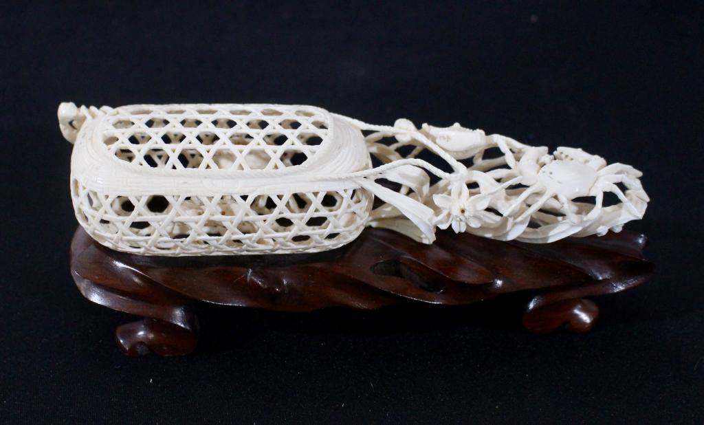 Chinese Carved Crab Trap: crabs crawling all over basket woven cage, 2 crabs inside basket, extremely good detail on custom hardwood stand, 8.25" long x 3" wide, excellent condition.