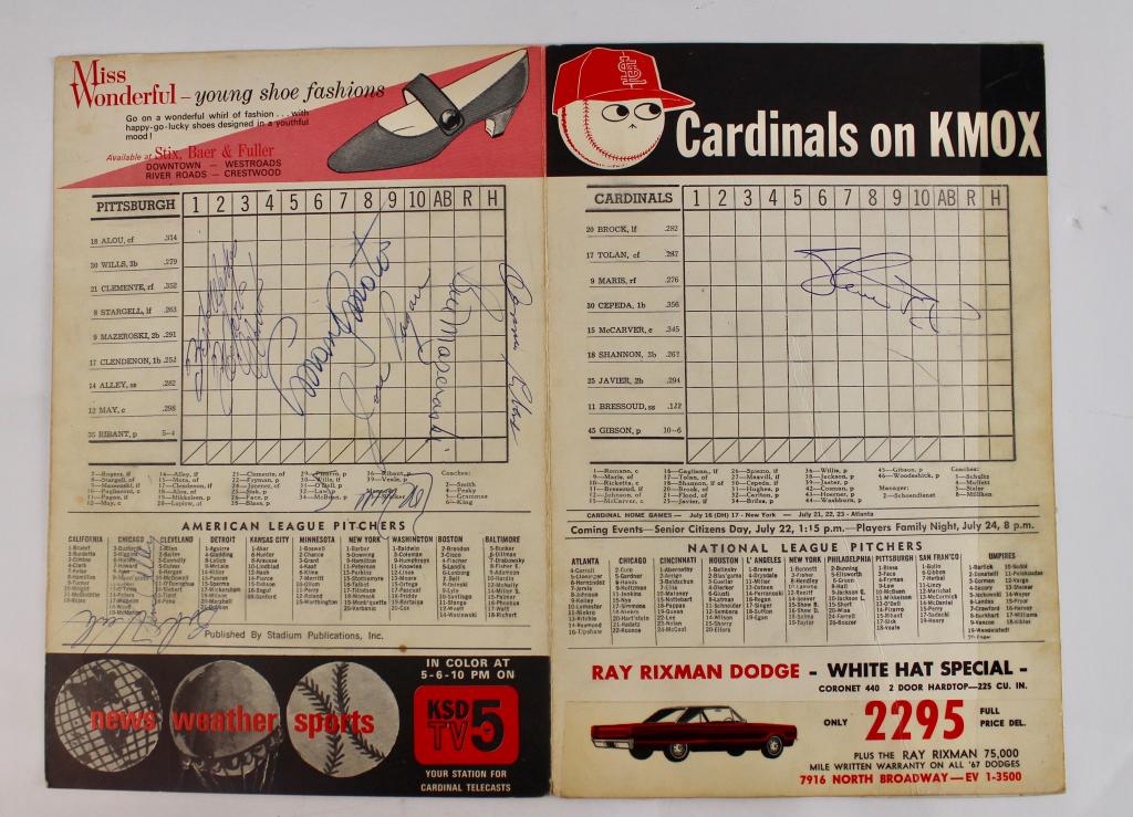 Autographed Pittsburgh/St. Louis Scorecard: Pirates and Cardinals July 1967 scorecard. Signed by Roberto Clemente, Bill Mazeroski, Manny Mota, Jose Pagan, Dennis Ribant, Gene Alley, Steve Blass, Ron Willis, Bob Veale, clear, vibrant signatures.
