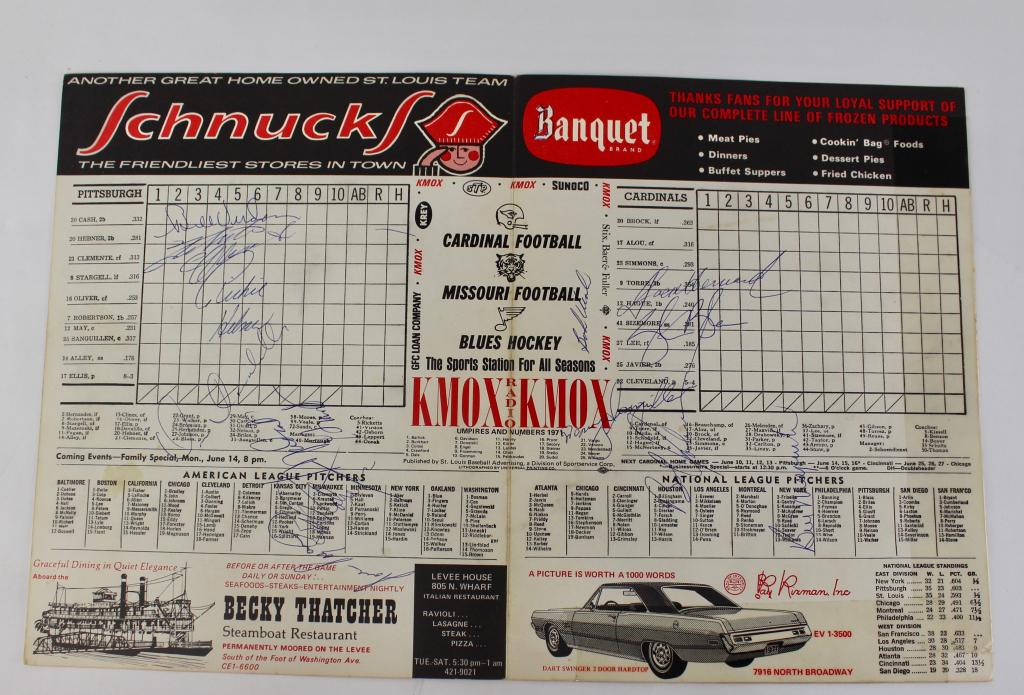 Autographed Pittsburgh/St. Louis Scorecard: Pirate's and Cardinals early June 1971 scorecard signed by Roberto Clemente, Bill Mazeroski, Bill Virdon, Jose Pagan, Jim "Mudcat" Grant, Manny Sanguillen, Bob Veale, Steve Blass, Jackie Hernandez, Bo