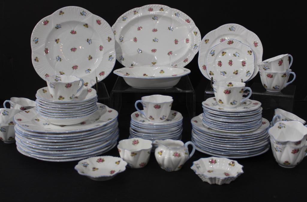 Shelley Fine China, "Forget-Me-Not": hand painted, service for 12. Set includes 12-10.75" DP, 12-8" SP, 12-6" BB, 13 fluted C & S, 8-6" bowls, 5" open vegetable bowl, 12.5" platter, 2 shallow 4.5" bowls, creamer and sugar, beautiful cond
