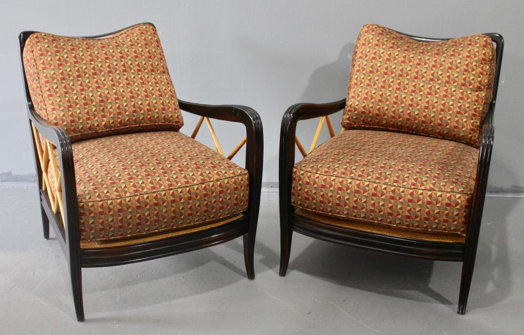 Two Modern Lounge Chairs: upholstered in expensive woven fabric, unbelievably comfortable, each with tow deep loose cushions, ebonized wood frame with cross hatch sides and spindled back, mat cane seat bottoms, 34" h x 28" w x