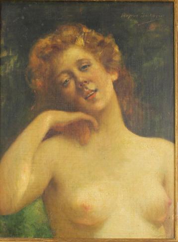Maxime Dastugue, Oil on Board: 1851-1909, exceptional half portrait of nude woman, signed upper right, image 10.25" x 14" in newer gold leaf wood carved frame 18" x 21", good condition.