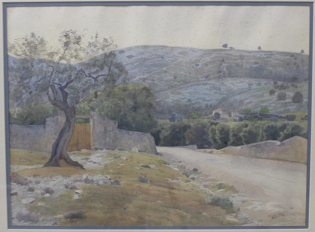 Dodge MacKnight, Watercolor: 1860-1950, watercolor on paper, depiction of what appears to be Western (Utah) landscape, rolling bue hills, semi-desert ground, walled villa. Image 16.25" x 22", in double matted frame 27" x 33", sig