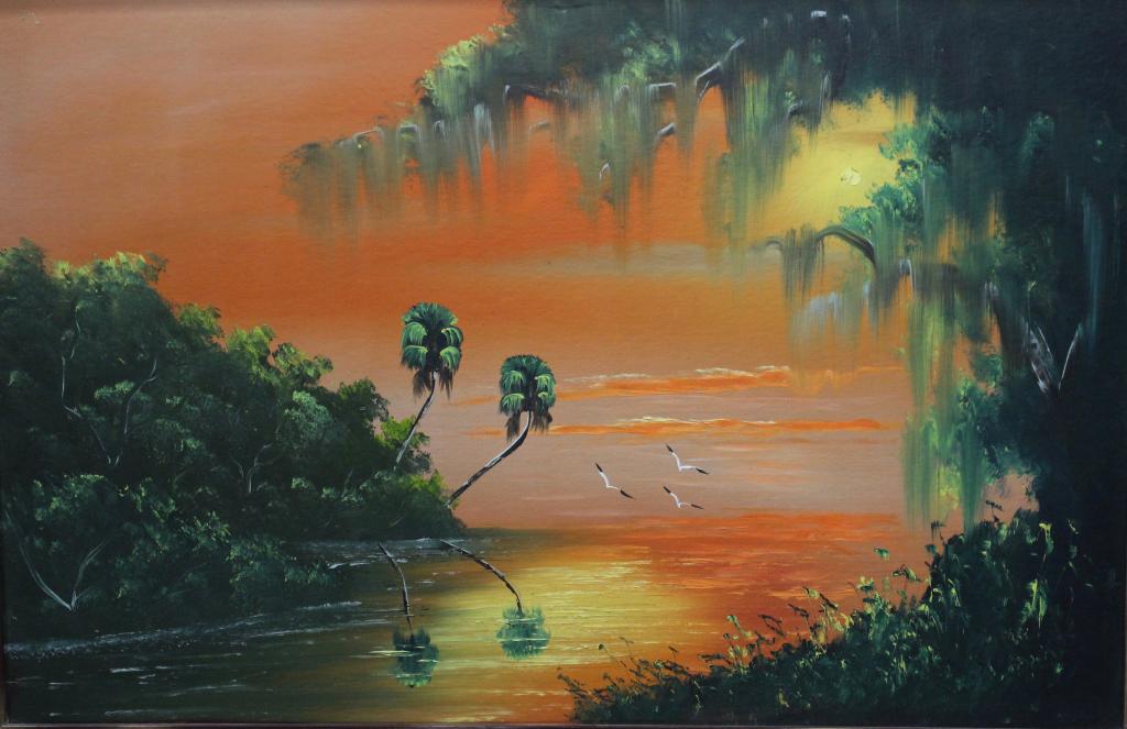 Al Black, Florida Highwaymen Artist: earlier oil on upson board, fiery orange sky with lush inlet, oak and palm trees, Spanish moss, image 36" x 24" in slightly larger original crown molding frame, signed lower right scratched into paint